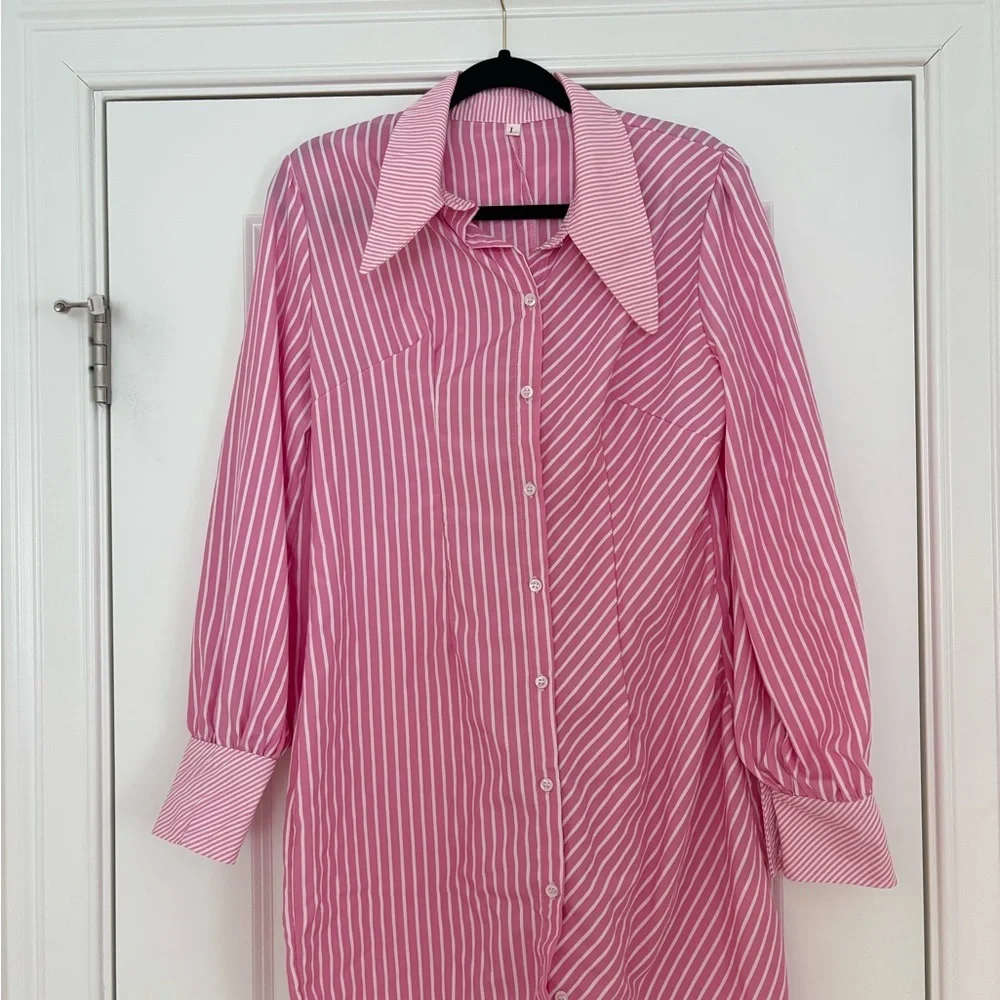 Pink & White Striped Button-Up Shirt Dress - Picture 1 of 9